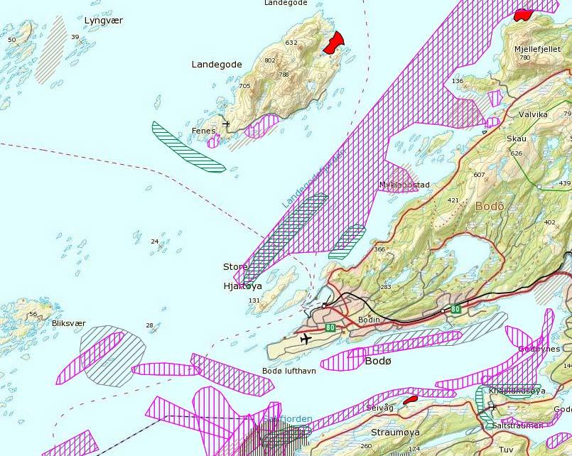 Røde sirkler angir omtrentlig plassering av aktuelle deponilokaliteter. Kart er hentet fra databasen naturbase (Miljødirektoratet, 2017) Figur 6: Registrerte naturresurser Bodø havn og omegn.