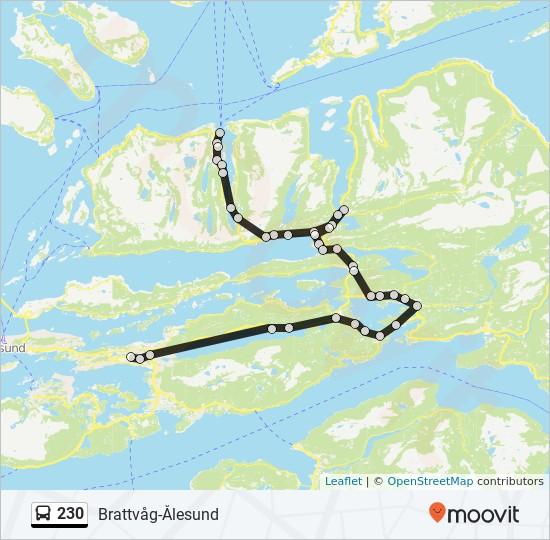 Retning: Brattvåg Via Skodje-Vatne 37 stopp VIS LINJERUTETABELL Åse Geilebergvegen 4, Ålesund Furmyrhagen Borgundvegen 993, Ålesund Moa Tra kkterminal 3, Ålesund 230 buss Rutetabell Brattvåg Via