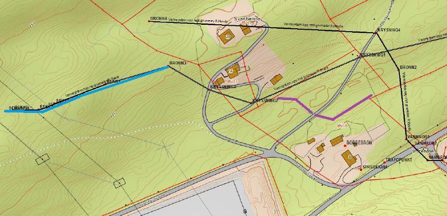 Berørte vannkilde ligger rett nord for mast FM124. For å sikre denne, må det graves ned et plastrør i ca 200 m (antatt diameter ca.