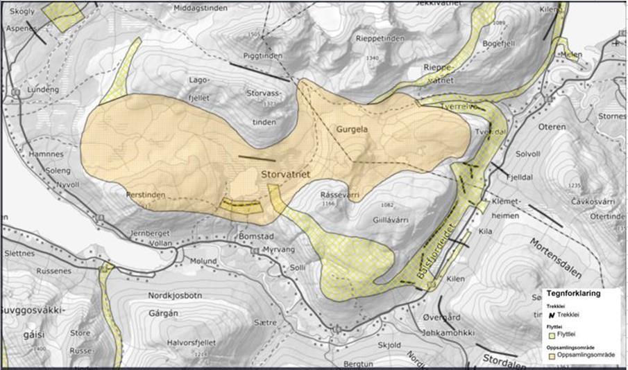 området. Særlig stor reindriftsmessig betydning antas området nord for Øvergård kryss Fv 87 å ha. Lakselvdalen/Lyngsdalen reinbeitedistrikt krysser planområdet ved vår- og høstflytting. Kart 2.