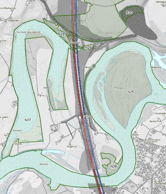 4.2 Kompensasjon for truede og nær truede naturtyper Figur 2: Verdifulle naturtyper (grønn skravur), veg (rød linje), jernbane (blå linje), midlertidige anleggsområder (grå), atkomstveger (grå linje).