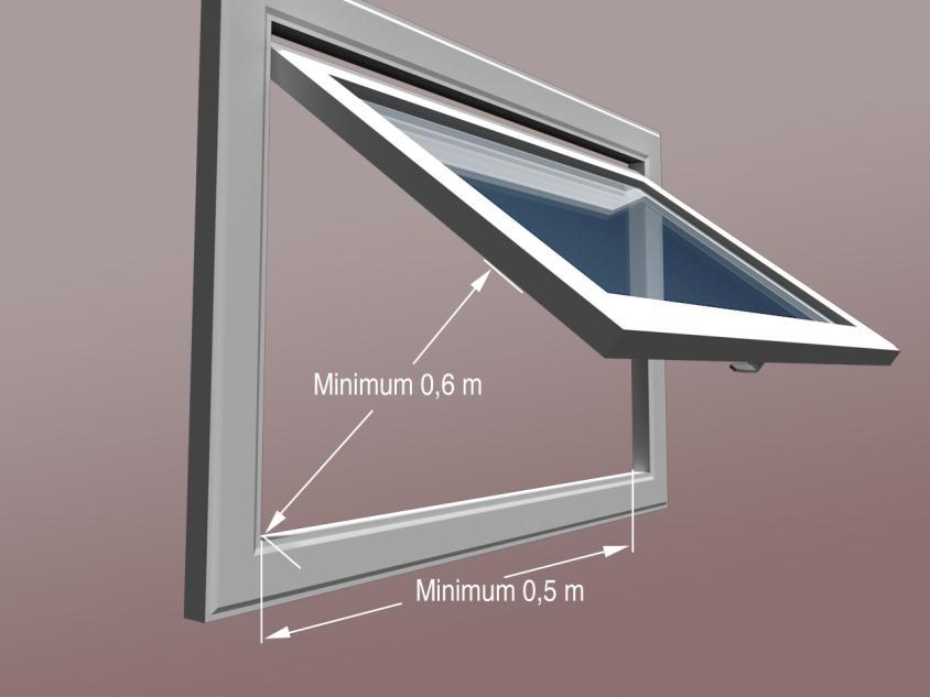 1,5 m. Svingvinduer med dreieakse, må ha tilsvarende effektiv åpning. Rømningsvindu må være lett å åpne uten bruk av spesialverktøy og må være hengslet slik at det er lett å komme ut av vinduet.