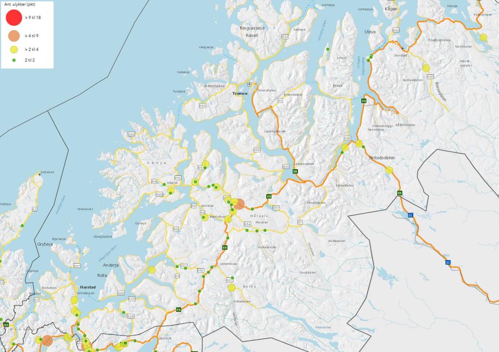 Figur 1.5.3.. Kart med hotspots av elgpåkjørsler i Troms 01.04. til 31.03.