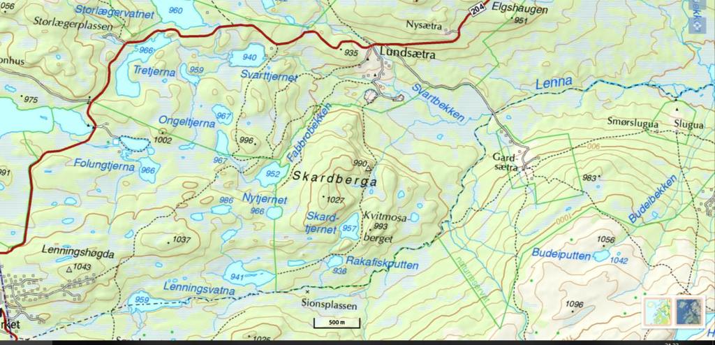 KVITMÅSÅBERGET,993 moh (Skardberga natursti; obs: hele runden er ikke merket som sti på kartet, men i virkeligheten er det en sti der ) Stien starter ved Lundsetra der det er parkeringsplass ved