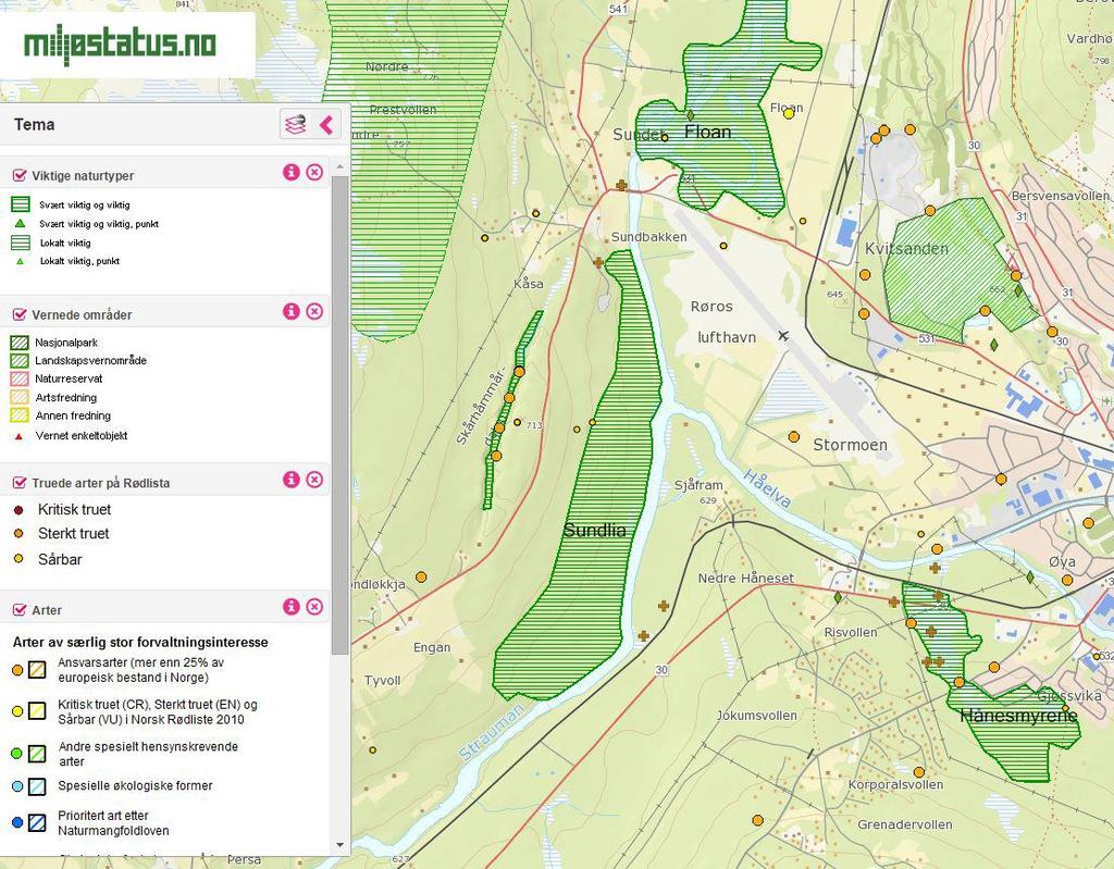 Figur 5-2. Verneområder, viktige naturtyper og arter som er registrert i http://www.miljostatus.no/kart/ og ligger innenfor en radius på 3 4 km fra Røros lufthavn.