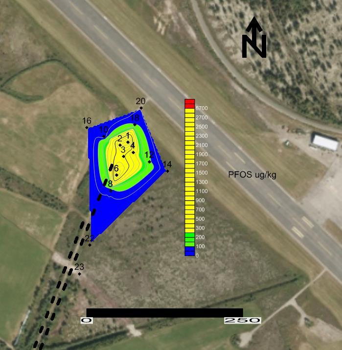 Figur 7-4. Viser interpolert PFOS-konsentrasjon i jord på og rundt BØF for dybde 0-0,3 meter under terreng.