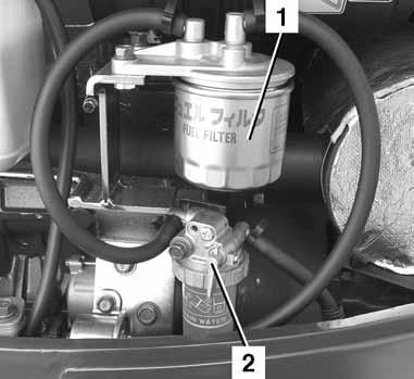 Vedlikehold Skifte drivstoffilter Åpne motorpanseret (side 92). Sett omkoblingskranen (2) i OFF-stilling.