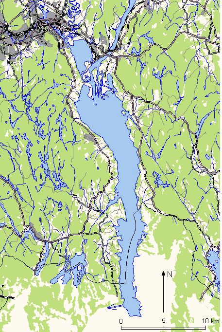 Figur 2.2 Oversiktskart over Øyeren, med nordre Øyeren og Svellet. 2.3 Avgrensning av vannvegetasjonen 2.3.1 Generelt I denne sammenheng defineres "vannplante" å være en art med "vann" som sitt normale voksested.