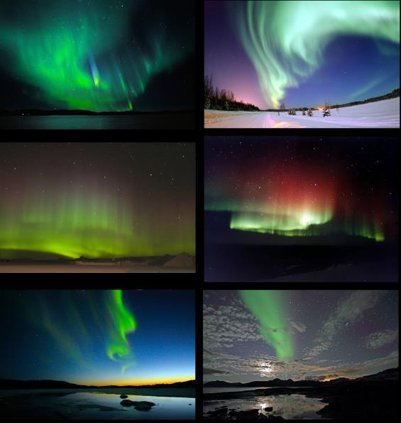 Auroras: Result of the emissions of photons in the Earth's upper atmosphere, above 80 km, from ionized nitrogen atoms regaining an electron, and oxygen and
