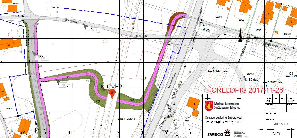 Figur 9: Veglinjer til kulvert. Utsnitt av tegning (kilde: Sweco).