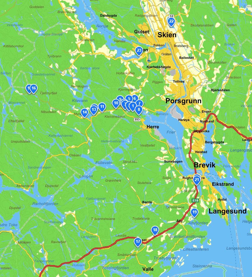 Kart over undersøkelsesområdet, med de i 2018 undersøkte lokalitetene inntegnet. Se nummerering i tabell 1. Kartet er laget ved hjelp av www.kart.gulesider.no.