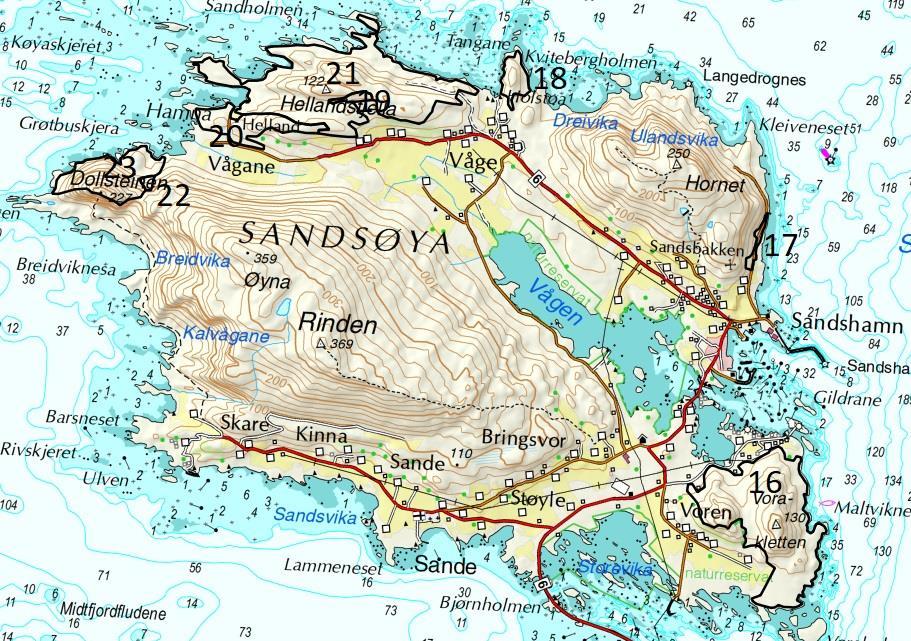Figur 3. Nye/reviderte naturtypelokaliteter på Sandsøya i Sande.