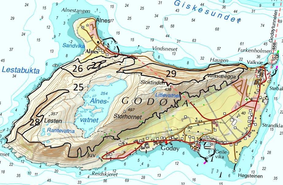 Figur 5. Nye/reviderte naturtypelokaliteter på Godøya i Giske.