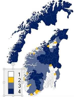 Figur 9 Norgeskart i henhold til distriktspolitisk virkeområder Kilde: Kommunal- og regionaldepartementet I figurene under er utbetalt beløp innenfor de ulike ordningene fordelt på distriktspolitisk