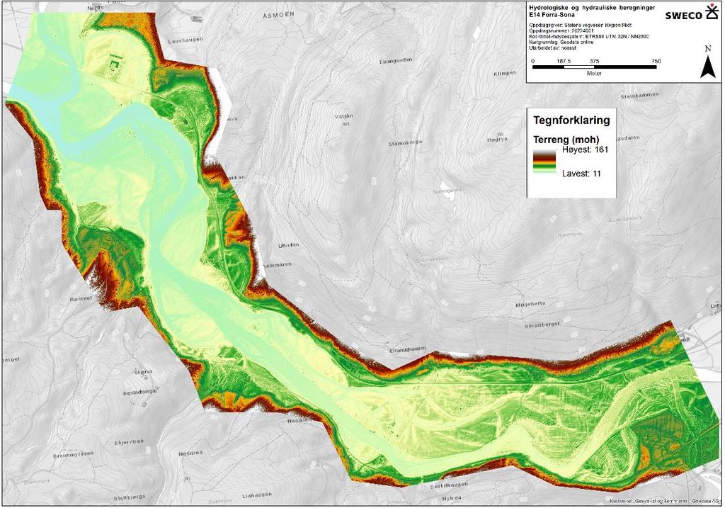 Tabell 6: Parametere benyttet i hydraulisk modell av Stjørdalselva på strekningen Forra-Sona. Mannings ruhetstall i parentes ble brukt til sensitivitetsanalyse.