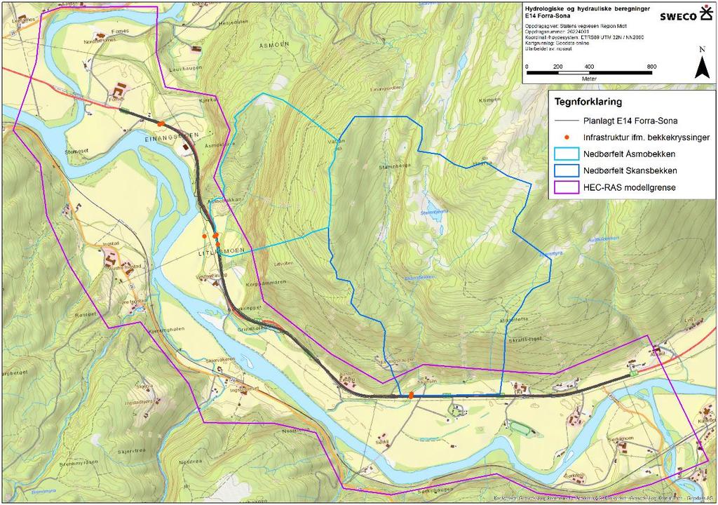 1 Innledning På oppdrag fra Statens vegvesen har Sweco gjennomført vannlinjeberegninger i Stjørdalselva langs ny E14 på strekningen Forra-Sona i Stjørdal kommune, Nord- Trøndelag (Figur 1).