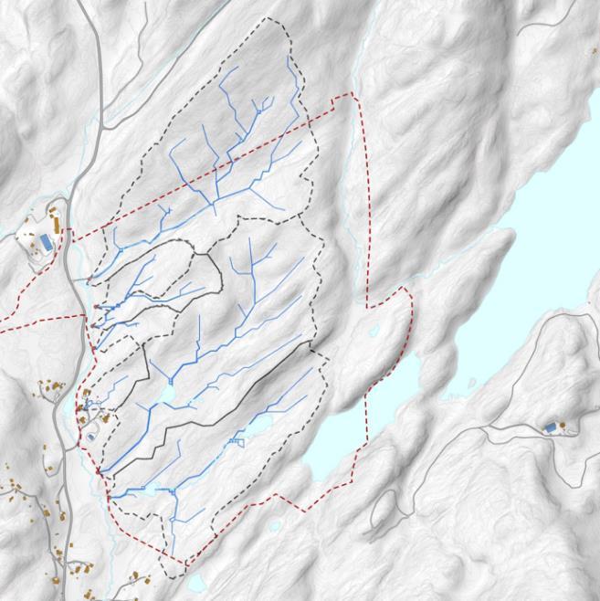 De røde punktene i Figur 2 viser nedre del av hvert enkelt dreneringssystem.