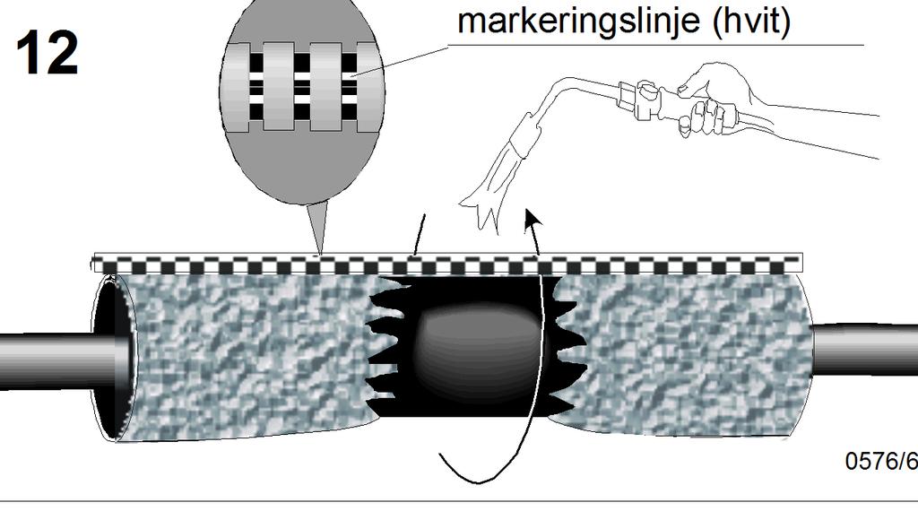 Vikle sort mastik med litt overlapp langs hele lengden av skjøten (utenpå armeringen). 11 Krymp til slutt CFSM krympeflak over dette med ca. 10 cm overlapp mellom flakene og ca.