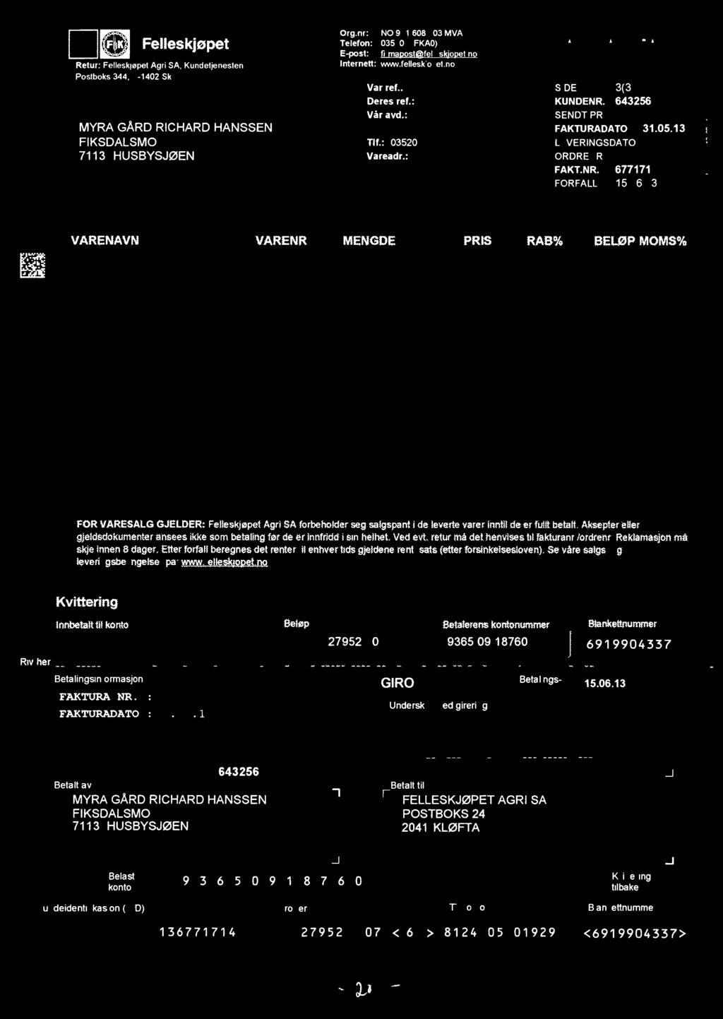 13 Tlf.: 03520 LEVERINGSDATO ORDRENR. FAKT.NR. 677171 FORFALL 15.06.13 (.VARENAVN 3;;12:._..; *.. ' ' VAR'E'NR' VMENGDE..;»;», ' PRiijs-g - RAB% ;.