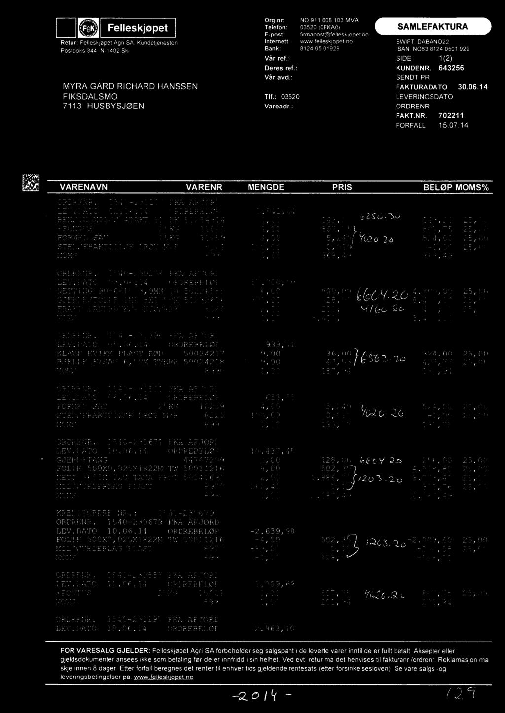 FKA ÅFJORD LEV.DATO 03.06.14 ORDRFRFLØF NETTING 90 6 15 3,0MM 10 50226585 GJERDESTOLPE IMF 8Xl75CM 50232616 FRAKT LANDBRUKs /FJØSR5K 8064 ORDF R1NR. 1540 230396 FRA ÅFJORD LEV. DATO 05 06.