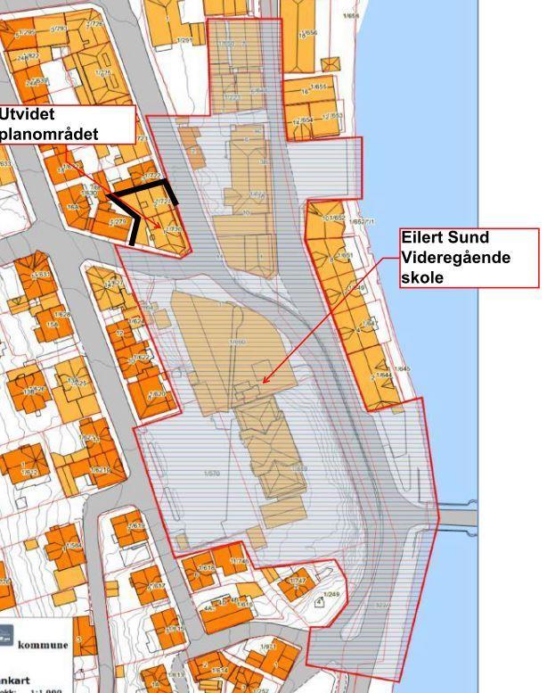 2 Dagens arealbruk, tilstøtende arealbruk Eilert Sundt Videregående kole i Farsund utgjør hoveddelen av planområdet.