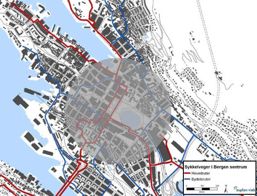 Figur 11 Utsnitt av Sykkelstrategi for Bergen 2010-2019 Hovedrutene er markert med rødt og bydelsrutene er vist med blått.