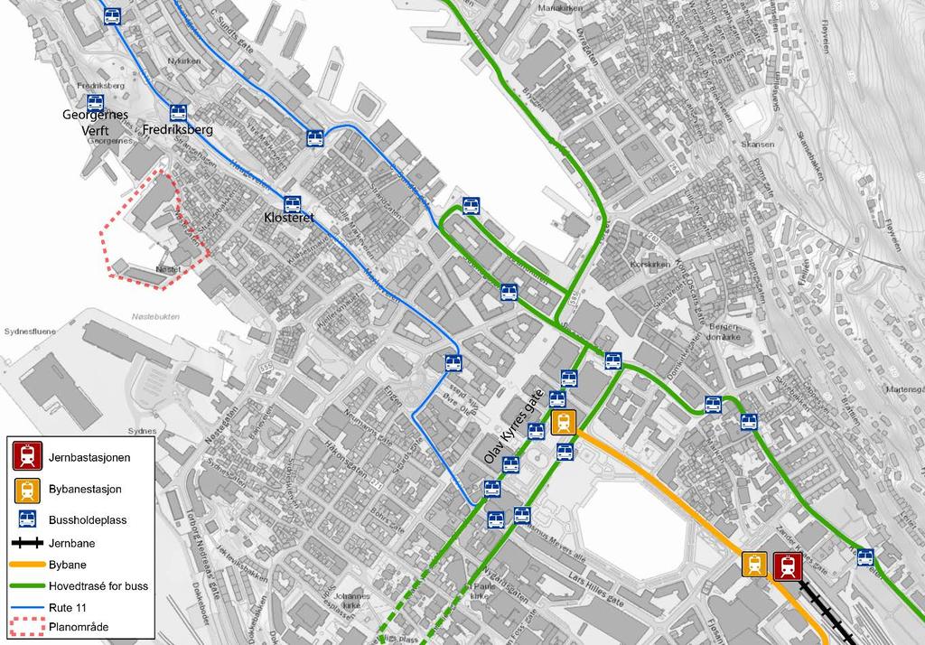 Figur 13 Kollektivtrafikk rundt planområdet Fra Bergen Stasjon er det lokaltog til Arna/Myrdal/Voss og regiontog til Oslo.
