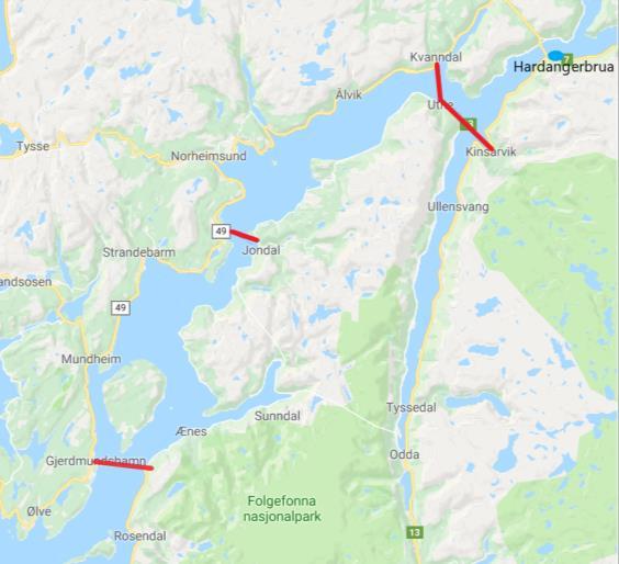 Antall kjøretøy (1000) Etter åpning av Hardangerbrua i 2013 er det tre fergesamband over Hardangerfjorden, trekantsambandet Kvanndal- Utne- Kinsarvik, Jondal -Tørviksbygd og trekantsambandet