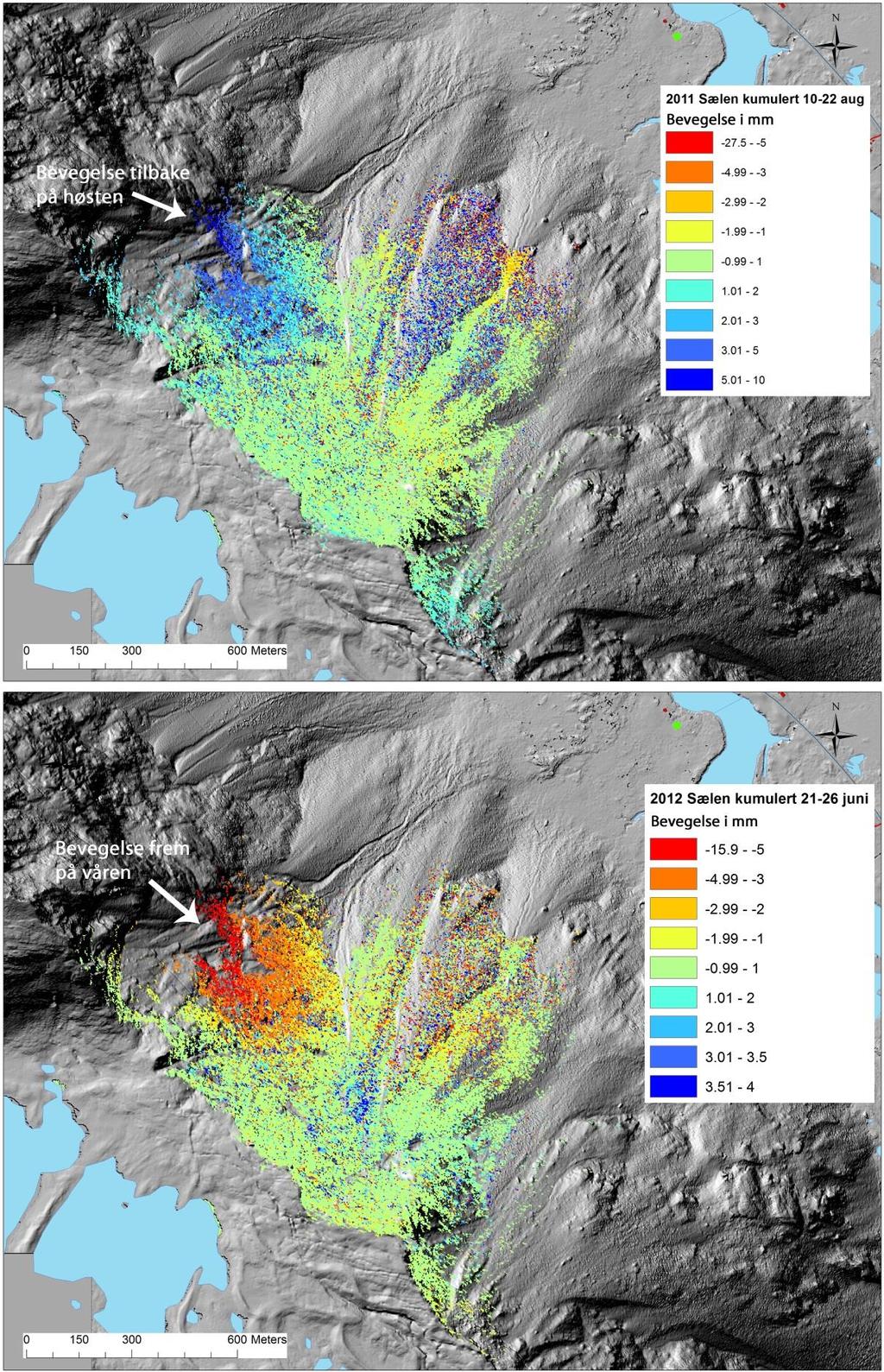 Figur 17 Radarbilder som viser kumulert bevegelse henholdsvis i august 2011 og juni 2012. Et fjellparti på 0,5 km 2 «puster», med motsatt-rettet bevegelse i de to perioder.