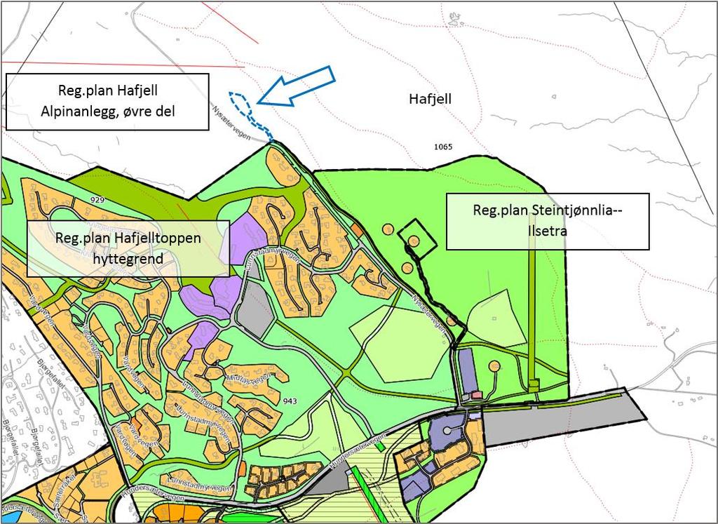 Detaljreguleringsplan 201805 Hafjell Alpinsenter Serveringssted Gaialøypa side 9 3.1.2 Reguleringsplaner Figur 2 Gjeldende reguleringsplaner. Planområdet med blå omramming ved pil.