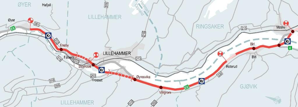 Figur 2: Prinsipiell plassering av bomsnitt på ny E6 Moelv - Øyer Det legges ikke opp til bruk av sidevegsbommer.