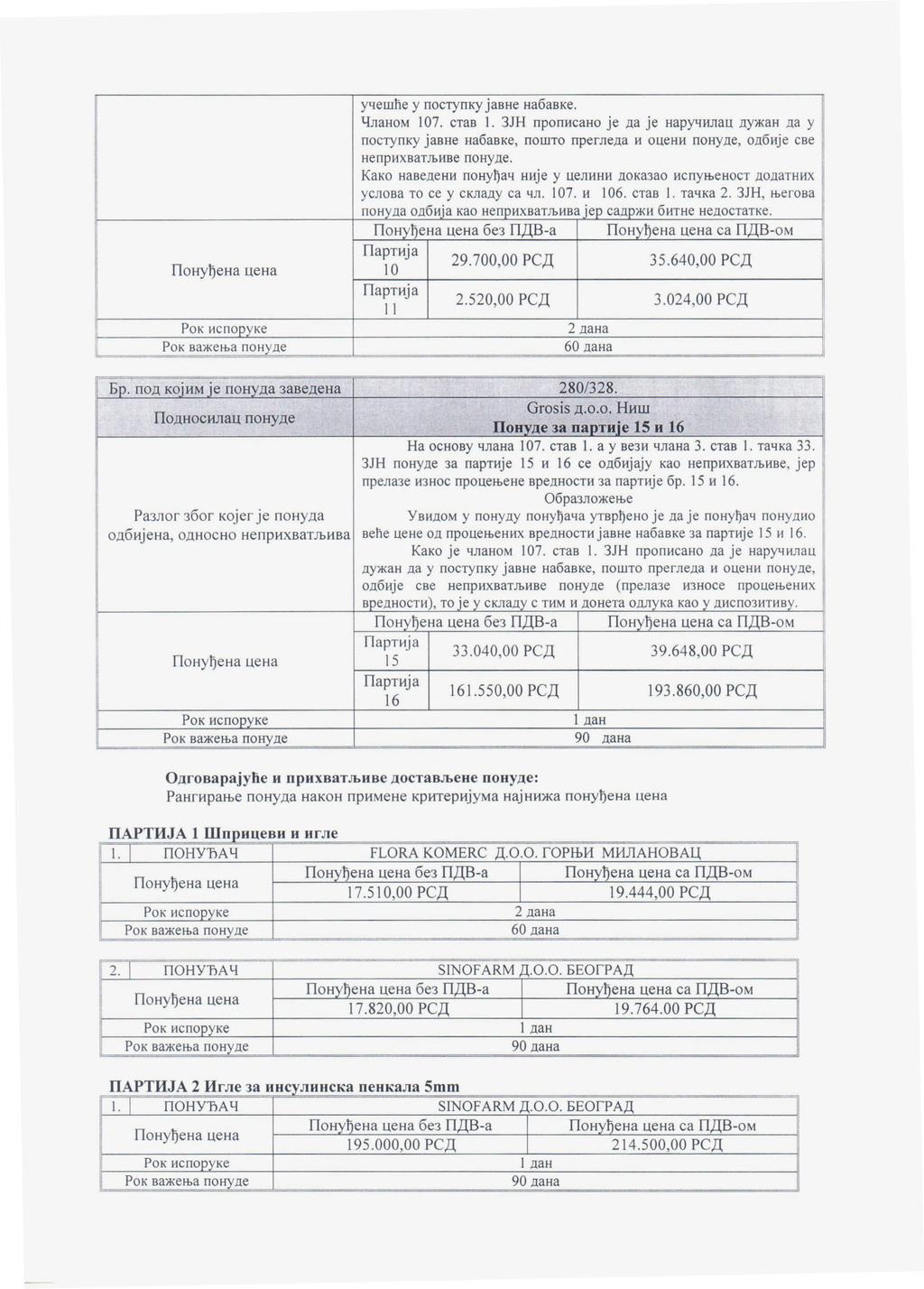 , Партиjа 10 учешйе у поступку [авне набавке. Чланом 107. став 1.