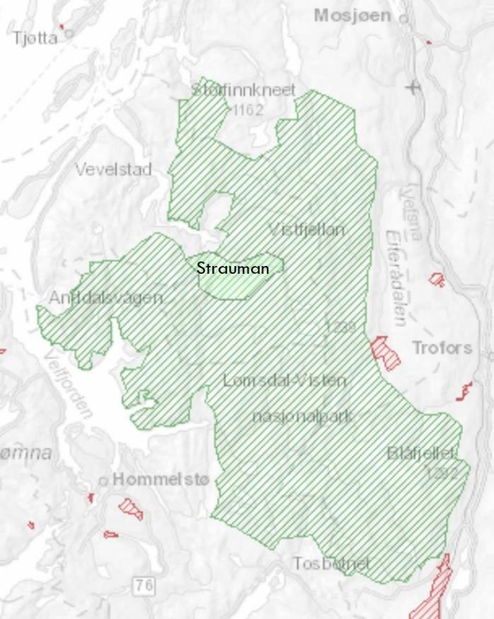 2. Innledning 2.1 Lomsdal-Visten nasjonalpark Lomsdal-Visten er en nasjonalpark som ligger på Helgeland i Nordland. Nasjonalparken ligger i kommunene Brønnøy, Vevelstad, Vefsn og Grane.