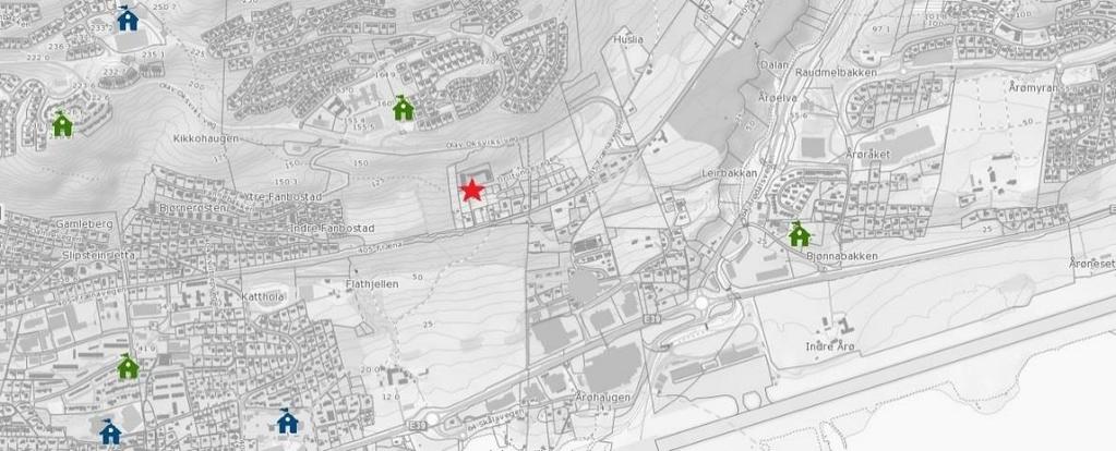 Figur 4-7: Barnehager (grønne bygninger) og grunnskoler (blåe bygninger) rundt planområdet. Planområdet markert med rød stjerne (kartkilde: gislink.no, bearbeidet Sweco 24.02.2017).