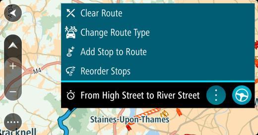 3. Velg hurtigmenyknappen for å åpne menyen. 4. Velg Administrer stopp. 5. Velg Legg til et stopp i ruten. 6. Velg det nye stoppet på kartet.