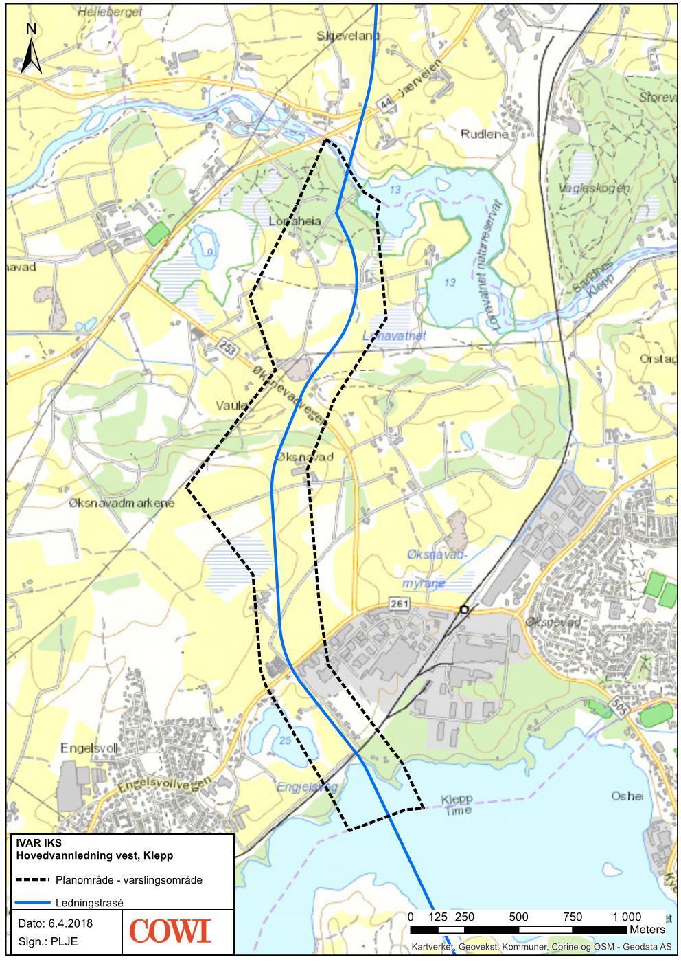 PLANINITIATIV FOR DETALJREGULERINGSPLAN FOR HOVEDVANNLEDNING VEST, KLEPP KOMMUNE 11 Figur 3-2 viser det planlagte varslingsområde for den delen av tiltaket som ligger innenfor Klepp kommune.