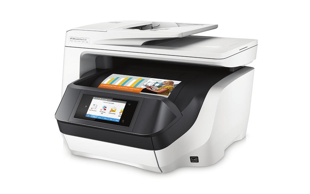 Dataark HP OfficeJet Pro 8730 Alt-i-ett-skriver HP Print Forward Design, rimelig fargeutskrift og Essential Fleet Management Maksimer utskriftsmiljøet med plassbesparende HP Print Forward Design og