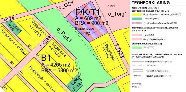 Figur 6.3 Utsnitt av plankart og eksempel på bestemmelser hjemlet i pbl. 12-7 punkt 4. Ved søknad om tiltak skal det innsendes utomhusplan for hvert enkelt byggetrinn.