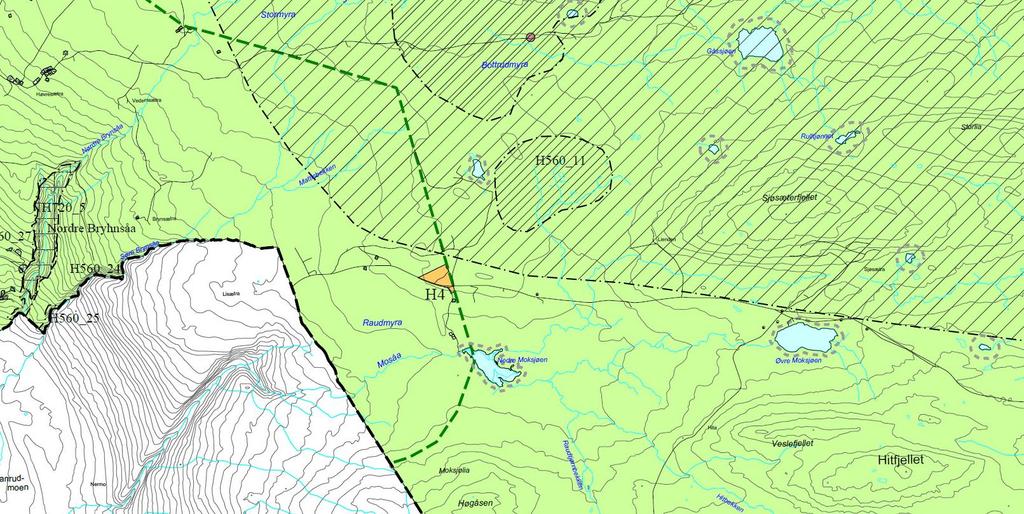 Utsnitt av forslag til ny kommuneplan. H4 med planlagt utvidelse ligger utenfor hensynssone for bevaring av villrein (skravert). Grønn-stiplet linje er grense for Øyer statsalmenning. 4.