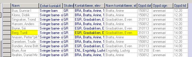 4. I kolonnene kontaktlærer, elev og navn kontaktlærere elev, ser du hvilken kontaktlærer som er lagt