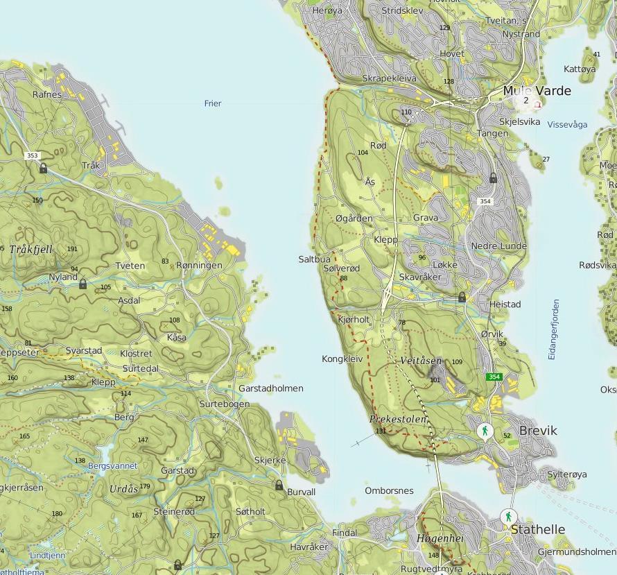 Inndeling i delområder Friluftsområder i og rundt Brevik/Frierfjorden deles inn i delområder som vist i figur 5: Figur 5: Delområder. Kilde: DNTs kartdatabase UT.