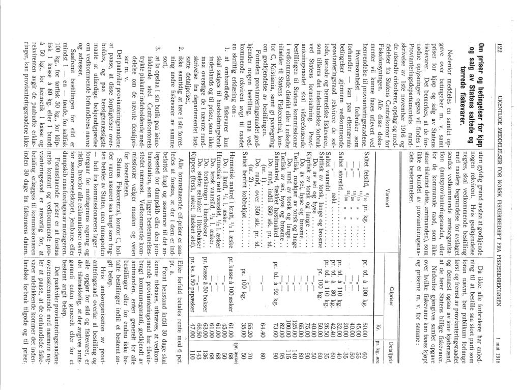 122 UKENTLGE MEDDELELSER FOR NORSK FSKERBEDRFT FRA FSKERDREKTØREN 1 mai 1918 Om priser og betingelser for kjøp og salg av Statens saltede og tørrede fiskevarer.