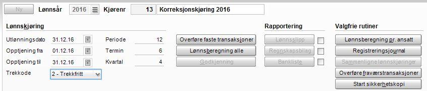 Du må da opprette deg en lønnskjøring som ikke er trekkpliktig. Dette gjøres ved å sette feltet "Trekkode" til "2 Trekkfritt".