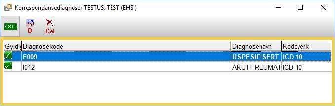 Hvis man trykker rød D får man opp menyen for å registrere eller endre henvisningsdiagnoser. Trykk rød D i dette vinduet for å legge til en diagnose eller trykk Del for å slette. NB!