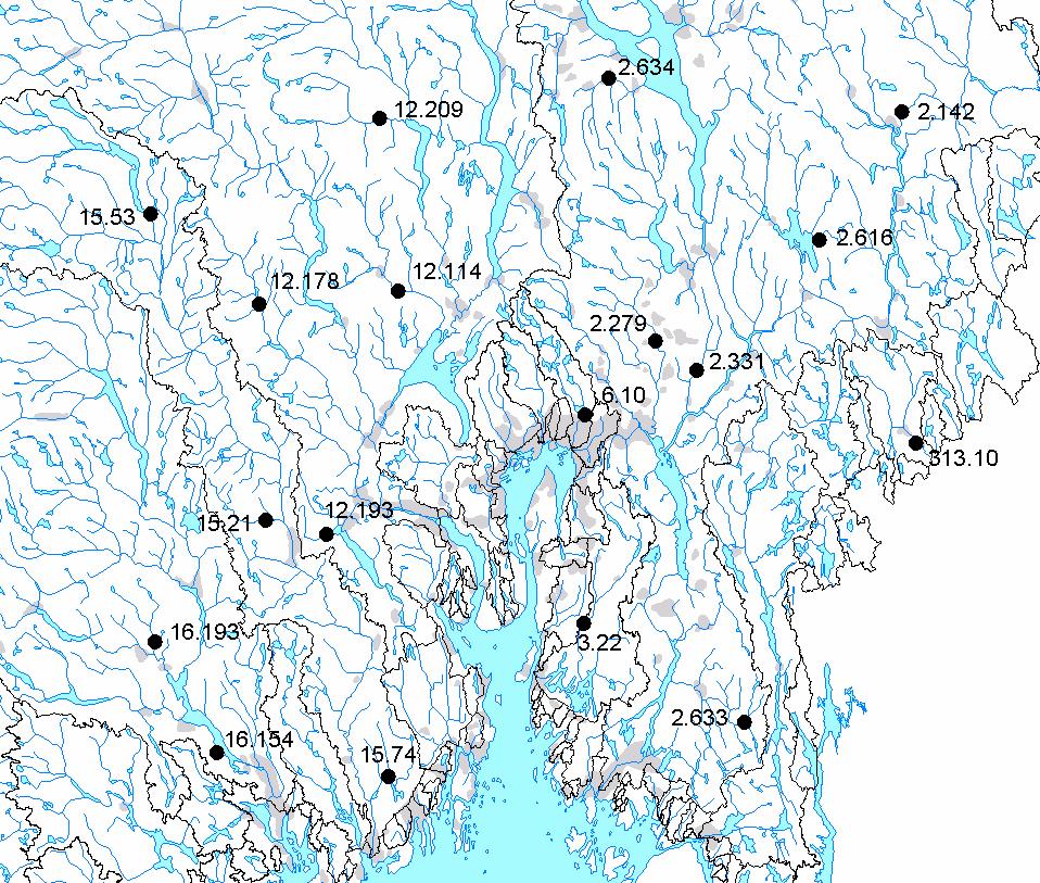 Figur 4. Vannføringsstasjoner i Sørøst-Norge. Areal Eff.sjøpr. Høydeforhold, moh. Vannføringsstasjon km 2 maks. median min. 2 142 Knappom 1648.7 88 411 17 2 279 Kråkfoss 433.