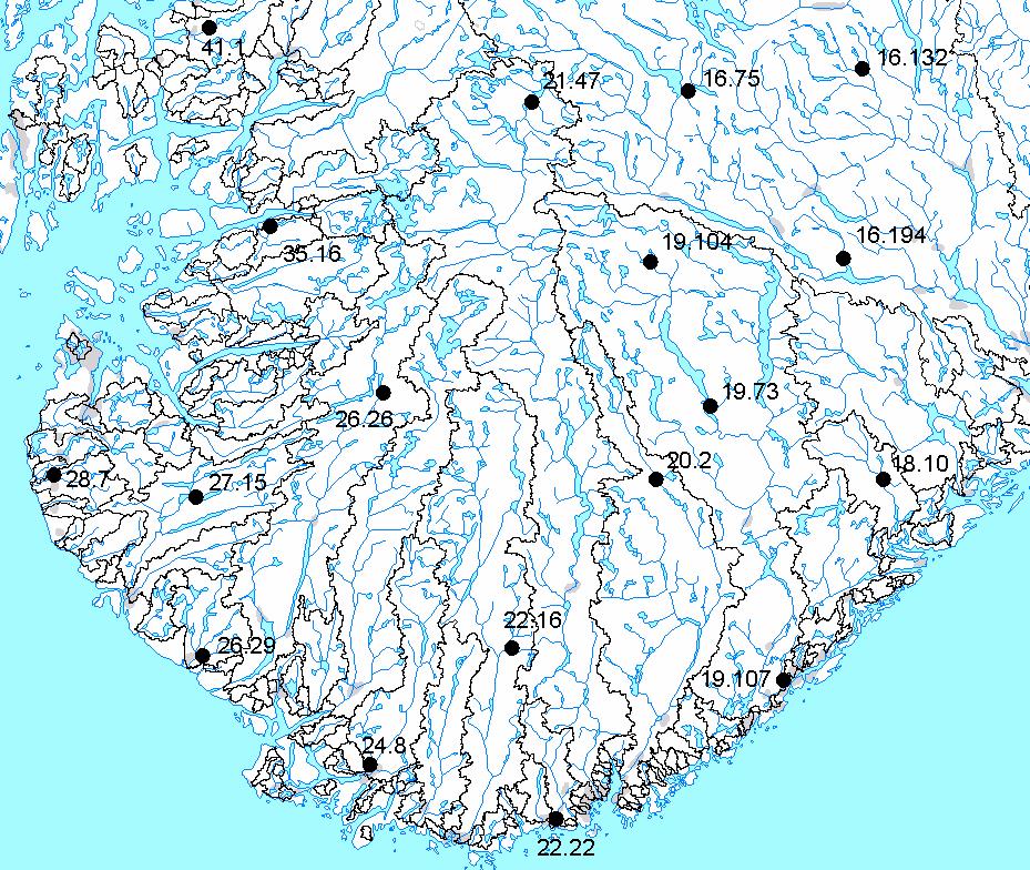 Figur 6. Vannføringsstasjoner i Sørvest-Norge. Areal Eff.sjøpr. Høydeforhold, moh. Vannføringsstasjon km 2 maks. median min. 16 75 Tannsvatn (Lognvikvatnet) 118 4.59 1287 95 697 16 132 Gjuvå 33 1.