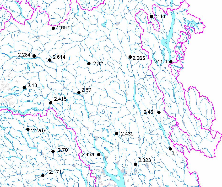 Figur 8. Vannføringsstasjoner i Øst-Norge. Areal Eff.sjøpr. Høydeforhold, moh. Vannføringsstasjon km 2 maks. median min. 2 1 Hådammen 39.81 744 566 449 2 11 Narsjø 119 1.