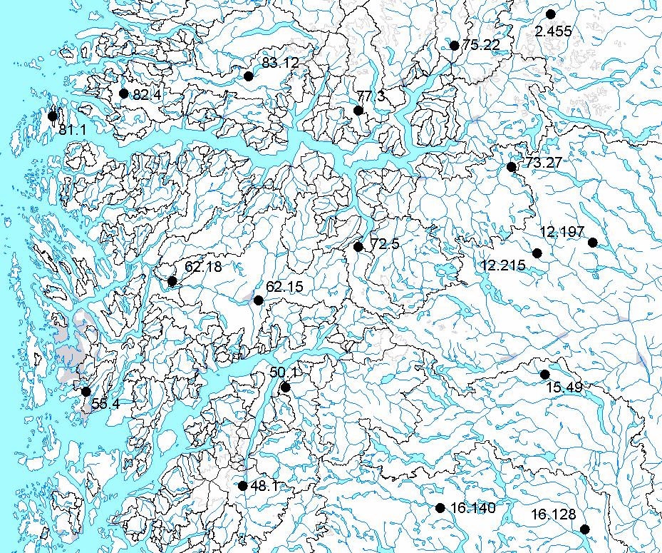 Figur 1. Vannføringsstasjoner i Vest-Norge. Areal Eff.sjøpr. Høydeforhold, moh. Vannføringsstasjon km 2 maks. median min. 2 455 Elveseter 134 1.21 2362 1567 78 12 197 Grunke 185.