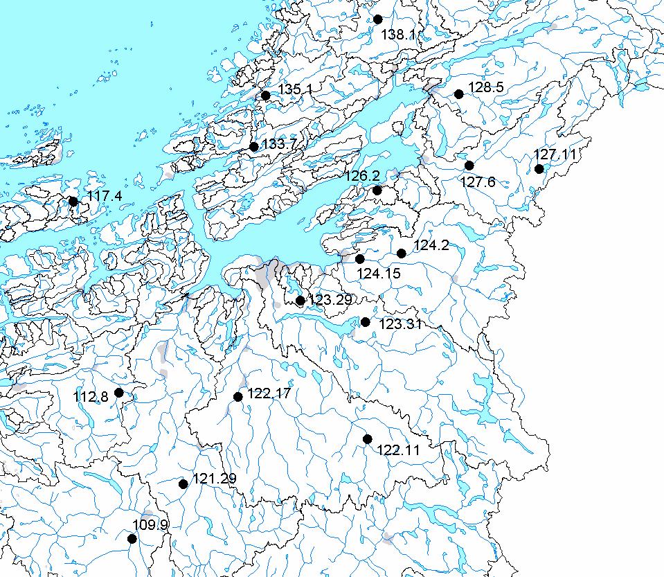 Figur 14. Vannføringsstasjoner i østlige deler av Midt-Norge. Areal Eff.sjøpr. Høydeforhold, moh. Vannføringsstasjon km 2 maks. median min. 19 9 Driva v/risefoss 744.1 2284 1347 556 112 8 Rinna 91.