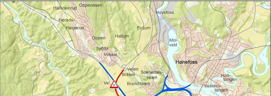 15 av 48 Delstrekning 5: Styggedal Veien Veg Styggedal Veien Fra Styggedal krysser E16 over kulvert for Randsfjordbanen og videre på fylling over Sørumjordet, delvis parallelt med bane.